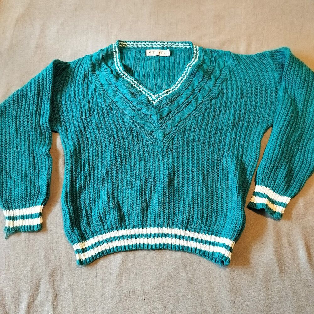 Vtg Jantzen V-neck Varsity Sweater M Teal Turquoise Tennis Golf Preppy Stripe